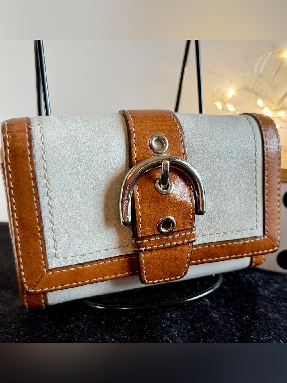 Coach Cream and Tan Leather Buckle Wallet